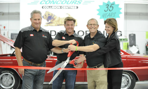 At the Grand Reopening of Concours Collision Centres. From left: Paul Madden, President of 3M Canada, Chip Foose, Ken Friesen and Fiona Maxwell.