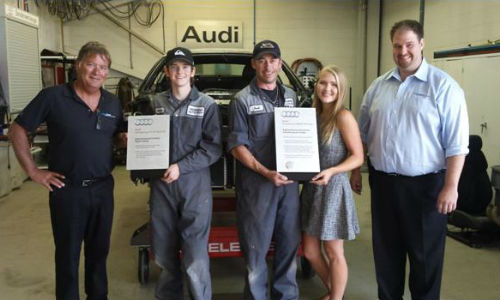 Open Road Richmond Auto Body has recently achieved Audi certification. From left: Randy Lowe (owner), Shawn Atherton, Brad Reid, Emily Lowe and Toby Alderson.