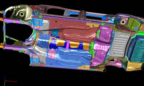 This diagram from Car-O-Liner shows the underbody fixturing points for the Cadillac CT6. The vehicle is of mixed material construction, making repairs complex.