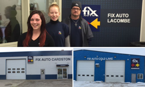 Three new facilities have joined the Fix Auto network. Clockwise, from top: Some of the team members at Fix Auto Lacombe; Fix Auto Cardston and Fix Auto Cold Lake.