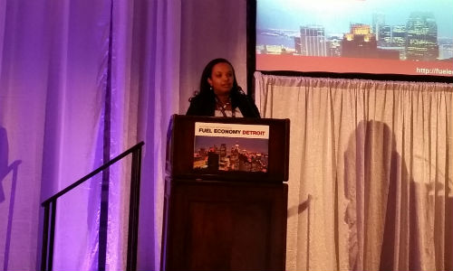 Selamawit Belli of Dow Automotive presenting on Structural Adhesives at Automotive Megatrends. Photo courtesy of Repairer Driven News.