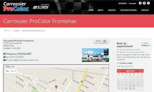 A screenshot showing Carrossier ProColor's new online booking application. The customer simply chooses a shop, then fills out a few fields on the right hand side of the screen, then chooses the preferred appointment time from the calendar.