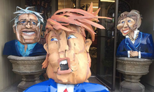 Joe Kildune is a sculptor whose preferred material is used car parts. He made these sculptures representing Donald Trump, Bernie Sanders and Hillary Clinton.