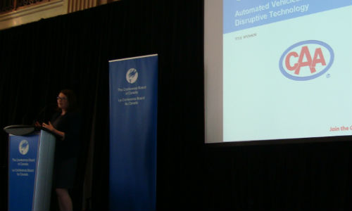 Dr. Julia Markovich, Senior Research Associate, Transportation and Infrastructure, for the Conference Board of Canada, presents findings from CAA regarind autonomous vehicles. Markovich was the primary organizer of the event.