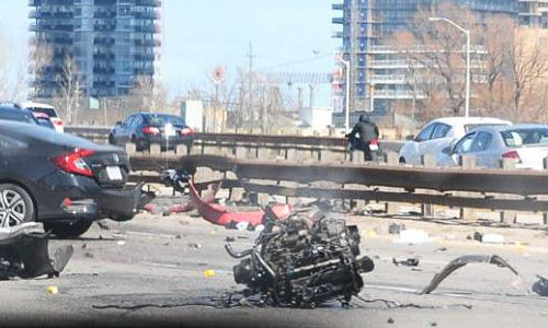 An accident on Toronto's Gardiner Expressway literally tore the engine out of one vehicle.