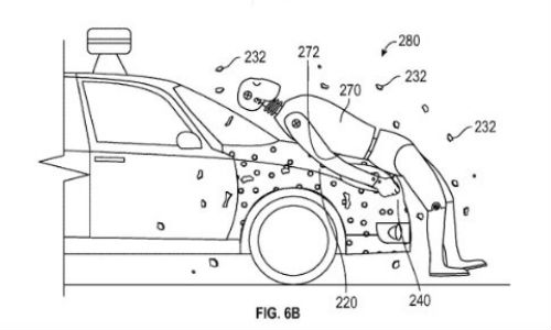 Part of Google's new patent for an adhesive that could be applied to the company's robot cars. The adhesive would be protected by a thin shell that would shatter on impact and allow the adhesive to hold the pedestrian in place to prevent further injury.