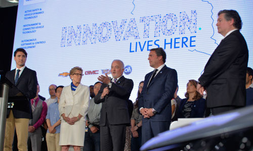 The announcement was made at GM's Oshawa Tech Centre. Prime Minister Justin Trudeau and Ontario's Premier Kathleen Wynne joined GM Canada’s President and Managing Director, Steve Carlisle and other GM executives in making the announcement.