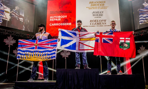 Winners in the post-secondary category for Autobody Repair at the 2016 Skills Canada National Competition. Brandon Drover (centre) took the gold, with Johan Wiebe (right) earning the silver and Roeloph Clements taking home the bronze.