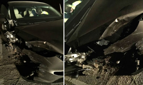 Two views of the crashed Tesla Model X in Montana. The driver says Autopilot was engaged at the time of the crash.