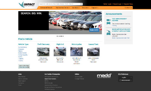 The new home page of Impact Auto Auctions. The auction company has made a number of enhancements to its online buyer portal and bidding platform.