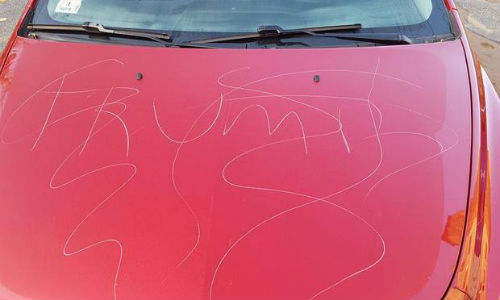 Vandals keyed 'Trump' and 'Go home' into a vehicle belonging to Jorge Santiago. A local Maaco owner stepped up to repair the vehicle for free. Santiago is both a US citizen and an armed forced veteran.