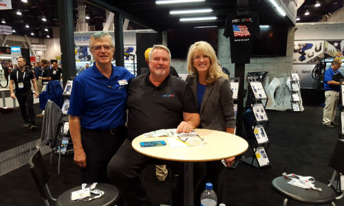 At Pro Spot's booth at the 2016 SEMA Show. From left, Lorinda Teague, Customer Service Manager; Russ Duncan, Equipment Specialist and Art Ewing, Sales and Marketing Director for Canada.