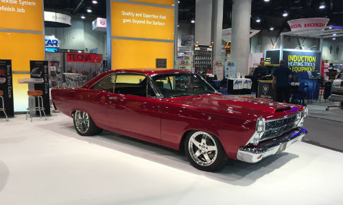 The 1966 Ford Fairlane showcasing the new DeBeer Metallic Bright toner in Ford Ruby Red Metallic is currently on display at Valspar's booth at the 2016 SEMA Show.