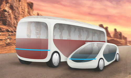 An artist's rendering of an autonomous vehicle connecting to a 'ZoomRoom.' Entire communities may be more or less permanently on the move in the future.