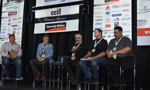Training panelists at CCIF Vaughan, from left: Don MacKay of NBCC, Claude Viau of Centre d’études professionnelles Saint-Jérôme, Paulo Santos of Centennial College, Scott Kucharyshen of Saskatchewan Polytechnic and Mark Deroche of BCIT. The discussion was moderated by Patrice Marcil of Axalta Coating Systems.
