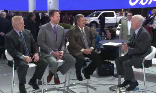 Panelists at NAIAS. From left: Len Offenbacher, CEO and President, INTEVA Products; Ken Hopkins, President and CEO of NEAPCO Holdings; Charles Chesbrough, Senior Economist with OESA and moderator John McElroy of Autoline.tv.