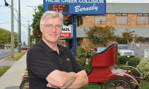 Bernhard Rubbert, owner of False Creek Collision, outside of his shop in Burnaby. The facility has recently completed an energy efficiency retrofit that promises to both reduce costs and diminish the shop's carbon footprint.