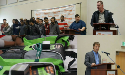 At the Tropicana 2017 kickoff. Clockwise from top left: Coordinator Marc Tremblay (right) introduces the class of 2017; guest speaker Bill Dawe of Max Auto Supply and Key Colour; Collin Welsh of CARSTAR Canada, and toolkits provided for program participants by sponsors.