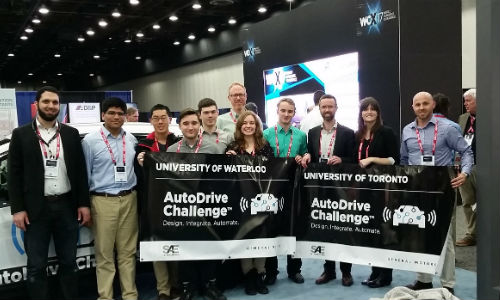 Officials from SAE International, General Motors, the University of Toronto and the University of Waterloo at the official announcement that the universities will compete in the upcoming autonomous vehicle design competition, AutoDrive Challenge. The other competitors are Kettering University, Michigan State University, Michigan Tech, North Carolina A&T University, Texas A&M University and Virginia Tech.