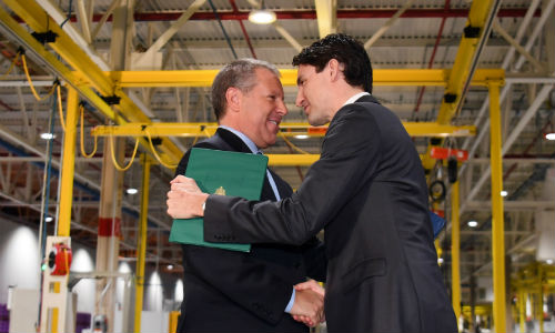Joe Hinrichs, President of The Americas, Ford Motor Company and Justin Trudeau, Prime Minister of Canada at the announcement that Ford will make a $500 million investment in R&D in Canada, including the establishment of the Ford Ottawa Research and Engineering Centre.