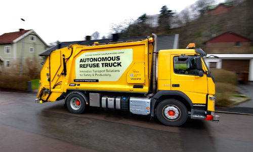 Volvo's autonomous garbage truck, currently under development. The truck would still have a human operator to teach it the route and to actually pick up the garbage.