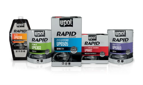 The new Rapid System from U-POL. The company line includes includes Rapid System Body Filler, Glaze, Primer and Clearcoat.