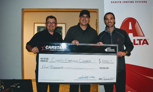 David Foster (CARSTAR), Darren Roche (Axalta) and Michael Macaluso (CARSTAR), holding a cheque to Cystic Fibrosis Canada.
