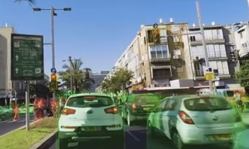 A representation of how Cortica's AI sees the world. Cars are in green, pedestrians in red. Cortica's system takes in all the data from the sensors, processes the images, clusters them and tags them with data that has already been defined.