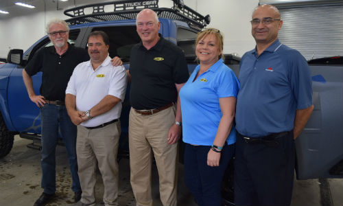 The LINE-X team made a stop at Assured Automotive North Brampton to meet with staff from Collision Repair magazine. From left: Garry Sowerby, Odyssey International Limited; Bruce Conquy, LINE-X of Quebec, Dennis Weese, President, LINE-X; Teppy Wigington, Director of Marketing, LINE-X and Fred Tajik, Assured Automotive North Brampton.