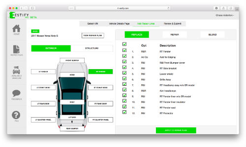 A screenshot from Estify Pro, the new predictive collision repair planning tool that will launch this week at NACE Automechnika 2017.