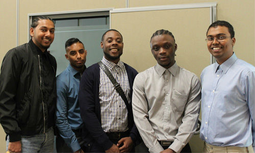 A group of Tropicana students at the Career Fair. From left: Michael Samuels, Chris Singhroy, Jahuon Dinnall, Emmanuel Owusu and Rajeev Singh.