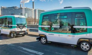 Atlanta has started testing autonomous buses like these Transdev EZ10s on North Avenue in the city's bustling Midtown area. Atlanta has become one of the largest urban areas to test autonomous vehicles, joining Sao Paulo and Shanghai.
