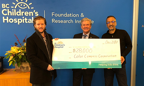 Pictured from left to right: Chris Neale, Director of Marketing; Rob Neale, President and C.O.O.; and Hitesh Kothary, Vice-President and Chief Financial Officer of the BC Children's Hospital Foundation. The group presents a cheque to the British Columbia Children’s Foundation.