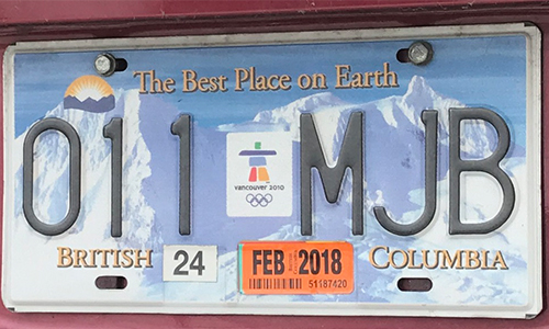 A British Columbian license plate celebrating the province's hosting of the 2010 Olympics.