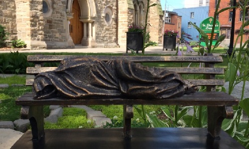 The well-known “Homeless Jesus” statue in Hamilton.
