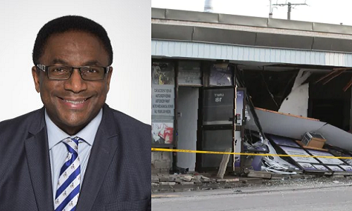 Scarborough Centre Councillor Michael Thompson and the remains of Preferred Auto Inc.