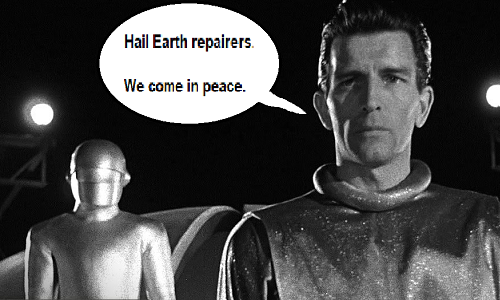 Klaatu and his robot introduce themselves to the Earthlings in 1951's "The Day the Earth Stood Still."