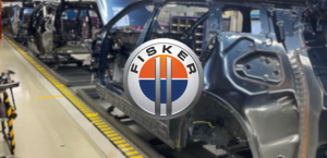 A blurry background showing Fisker manufacturing, with the OEM logo on top.